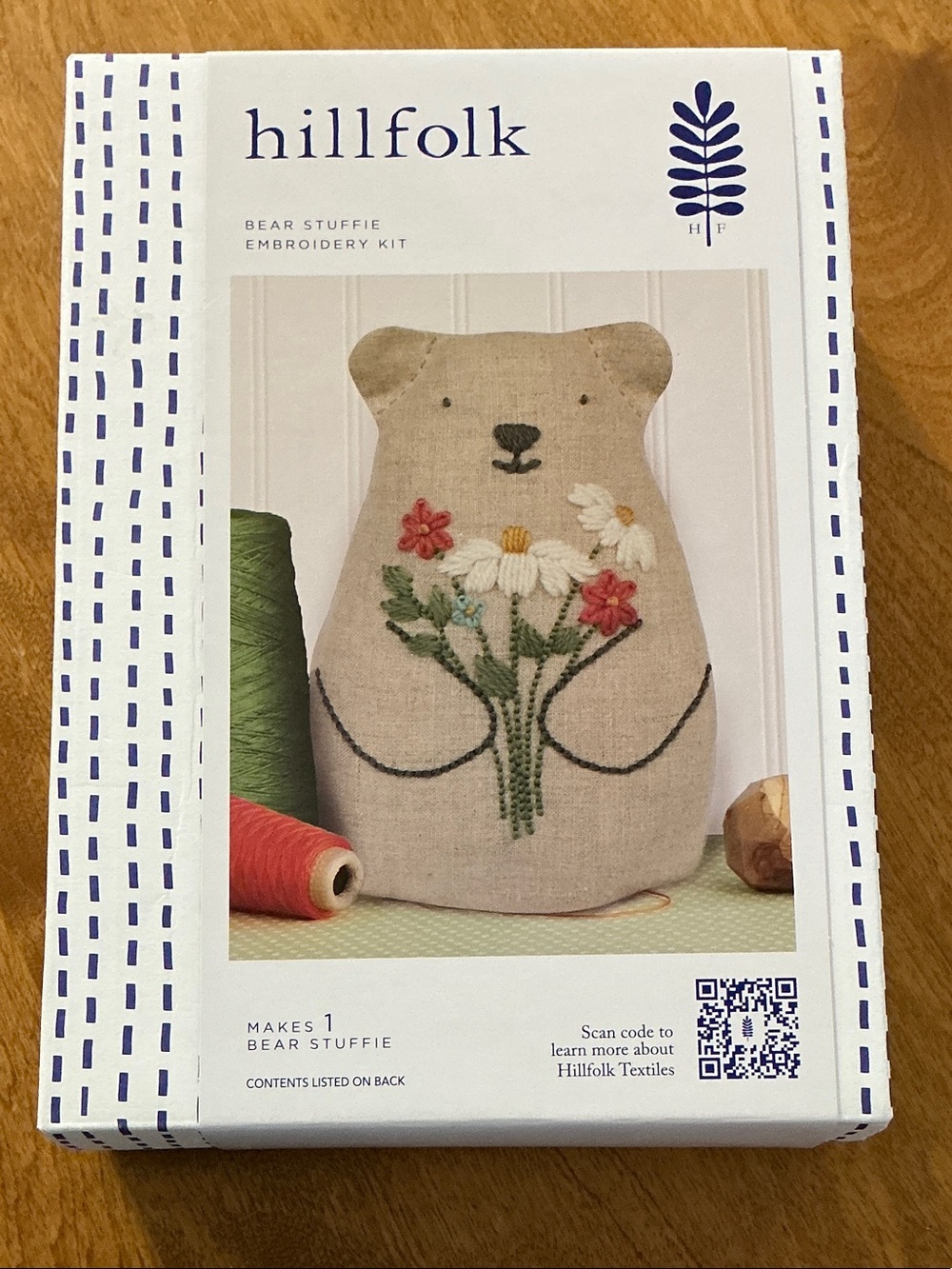 Bear Stuffie Embroidery Kit - Neutral with Green and Pink Accents